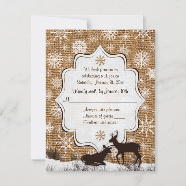 Invitation Rustique Kraft, Flocons de Neige et Cerf Mariage R (Devant)
