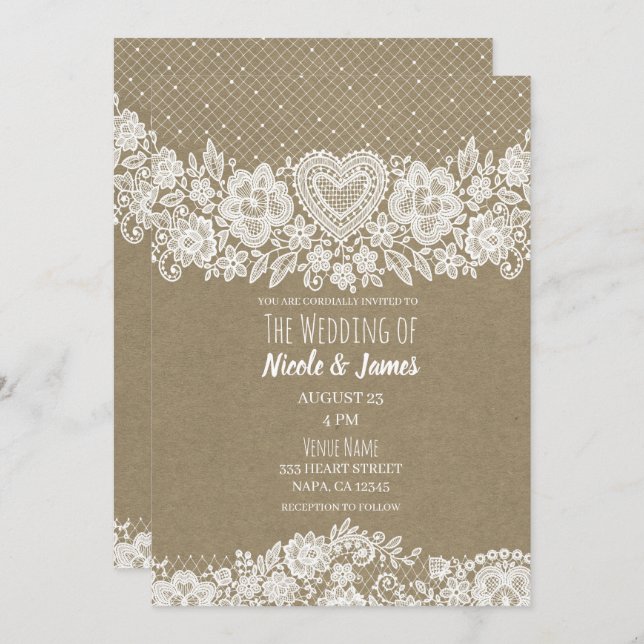 Invitation Rustique Kraft & Lace Farmhouse Mariage de grange (Devant / Derrière)