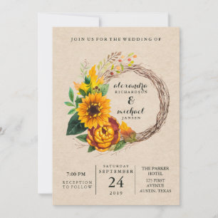 Invitation Rustique Kraft Look avec Mariage de couronne de to
