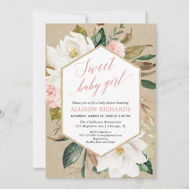 Invitation Rustique kraft magnolia fleurs chute fille baby sh (Devant)