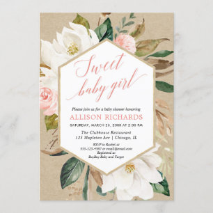 Invitation Rustique kraft magnolia fleurs chute fille baby sh