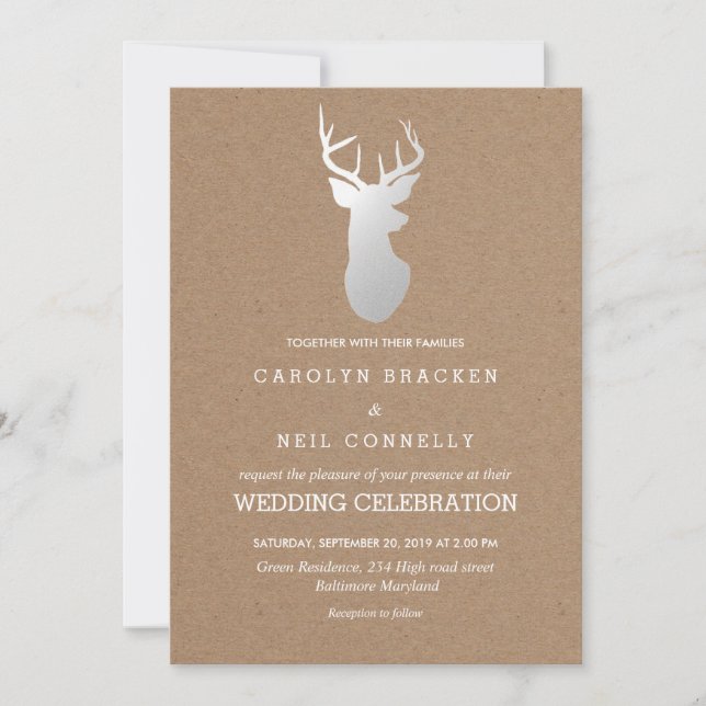 Invitation Rustique Kraft papier Mariage Antler argent (Devant)