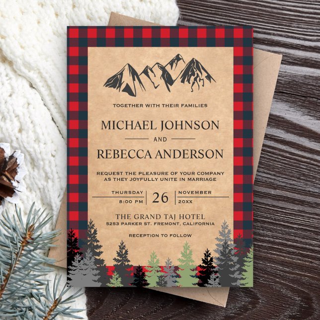 Invitation Rustique Kraft Red Buffalo Plaid Mountain Mariage (Créateur téléchargé)