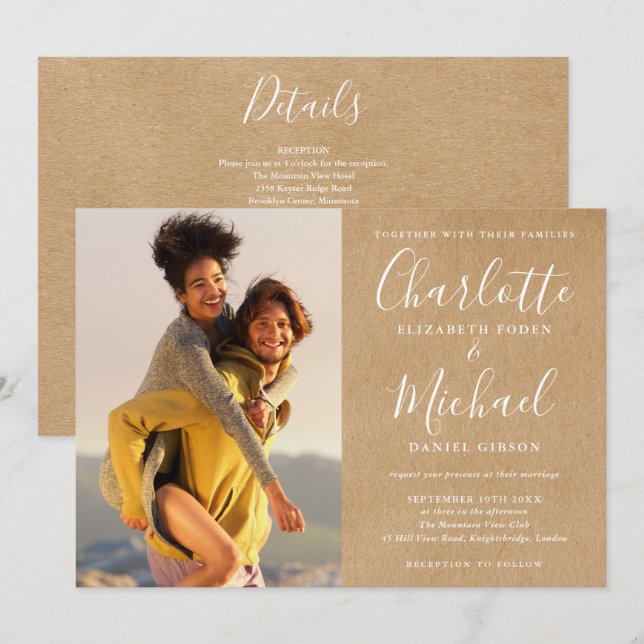 Invitation Rustique Kraft Script Mariage photo tout en un (Devant / Derrière)