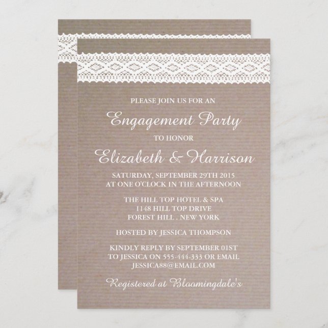 Invitation Rustique Kraft, Vintage partie d'engagement en den (Devant / Derrière)