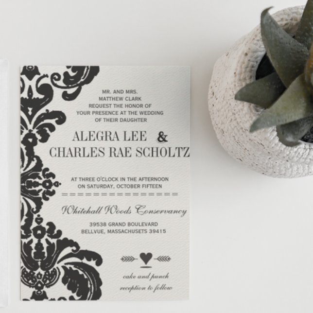 Invitation Rustique Luxe Vintage Black Mariage damassé Invita (Créateur téléchargé)