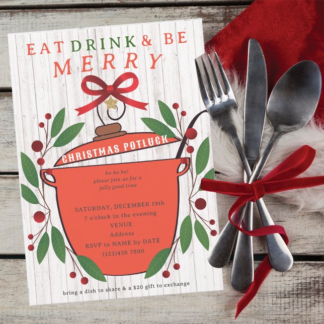Invitation Rustique Manger Boire et se Réjouir Noël Potluck (Rustic Eat Drink and Be Merry Christmas Potluck Invitation for Church Family Office Xmas Parties)