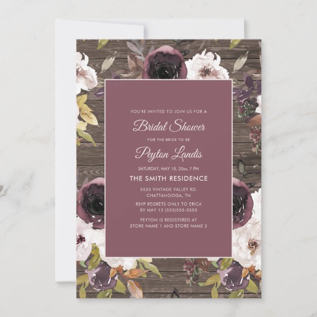 Invitation Rustique mariage champêtre vin bordeaux floral (Devant)