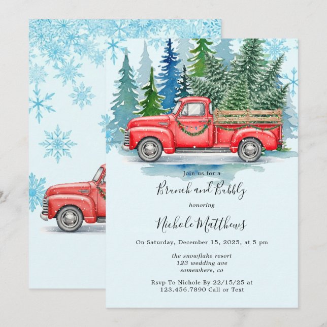 Invitation Rustique Mariage d'hiver Camion Brunch et Bubbly (Devant / Derrière)