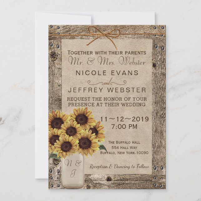 Invitation Rustique Mariage en bois de grange Sunflower Mason (Devant)