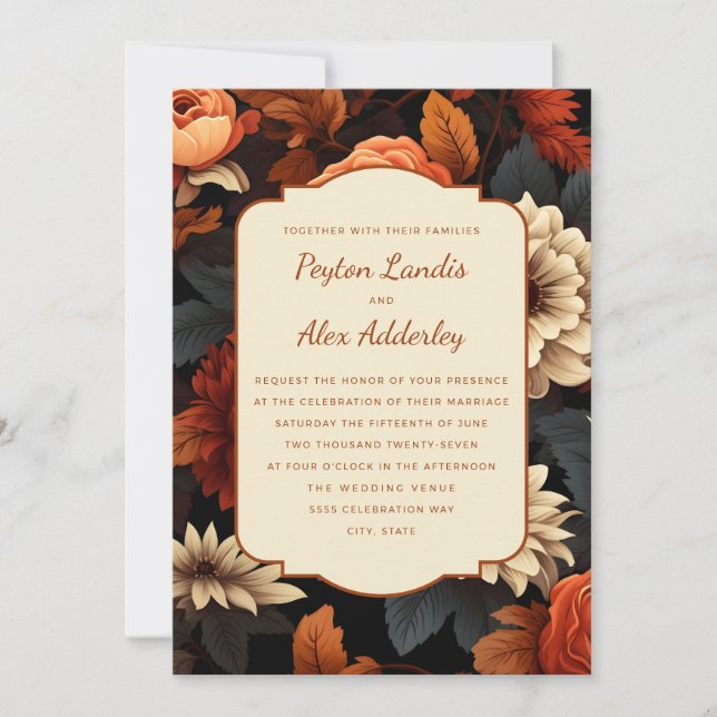 Invitation Rustique Mariage Floral Automnal Crème Orange Brûl (Devant)