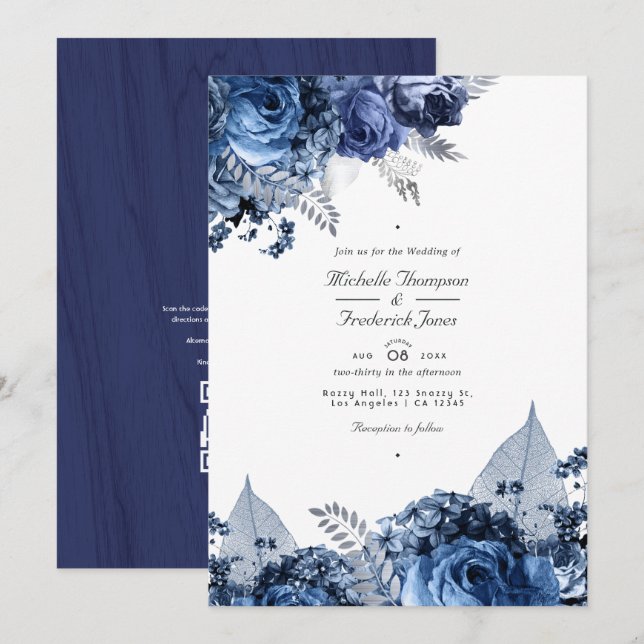 Invitation Rustique Marine & Blanc avec Mariage de code QR ar (Devant / Derrière)