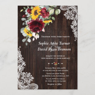 Invitation Rustique Marsala Floral Sunflowers Mariage dentell