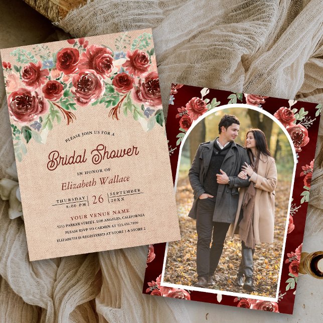 Invitation Rustique Marsala Floral Toile de Jute Shower de Ma (Créateur téléchargé)