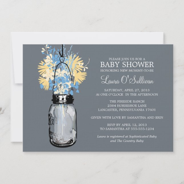 Invitation Rustique Mason Jar Baby shower Fleur sauvage (Devant)