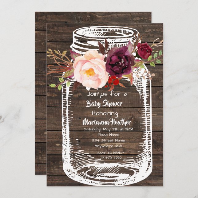 Invitation Rustique Mason Jar Boho Floral Marsala Baby shower (Devant / Derrière)