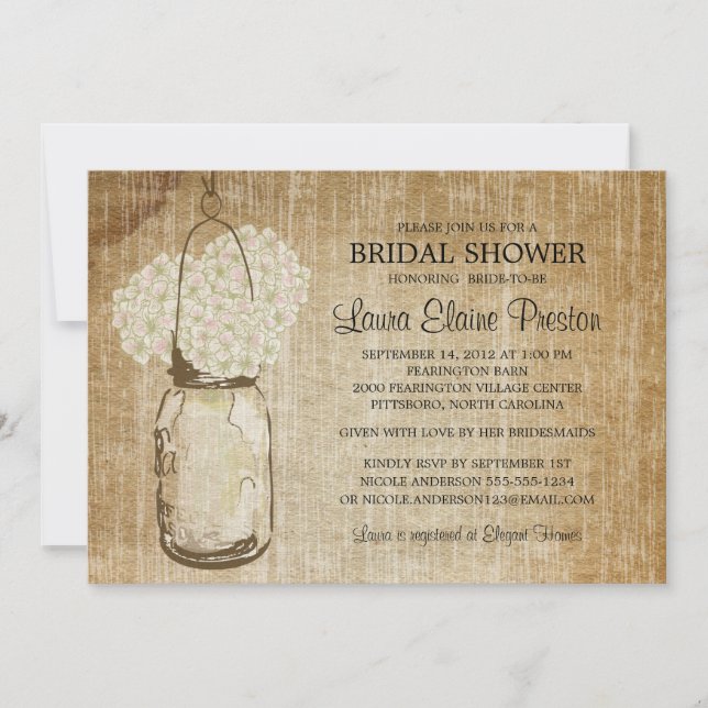 Invitation Rustique Mason Jar et Hydrangeas (Devant)