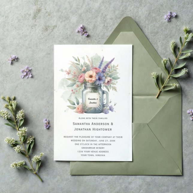 Invitation Rustique Mason Jar Floral Bouquet Mariage | (Créateur téléchargé)