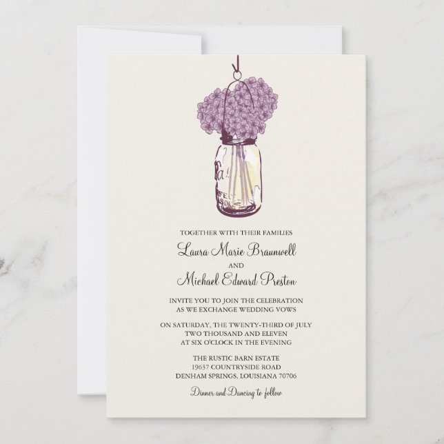 Invitation Rustique Mason Jar Hydrangeas Mariage (Devant)