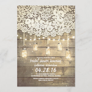 Invitation Rustique Mason Jar illumine dentelle Fête des mari