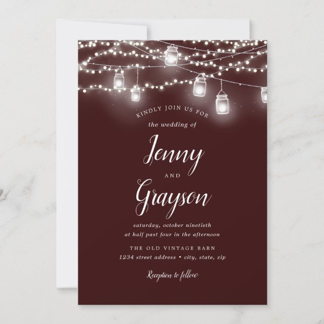 Invitation Rustique Mason Jar illumine le Mariage Bourgogne (Devant)