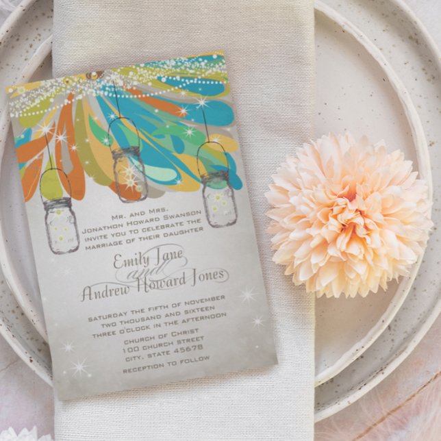 Invitation Rustique Mason Jar Jaune Orange Turquoise conte (Créateur téléchargé)