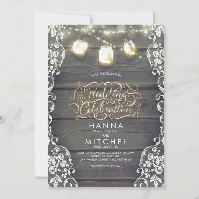 Invitation Rustique Mason Jar Lights Mariage en bois et dente (Devant)