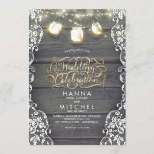 Invitation Rustique Mason Jar Lights Mariage en bois et dente