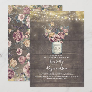 Invitation Rustique Mason Jar Mauve et Fête des mariées d'or