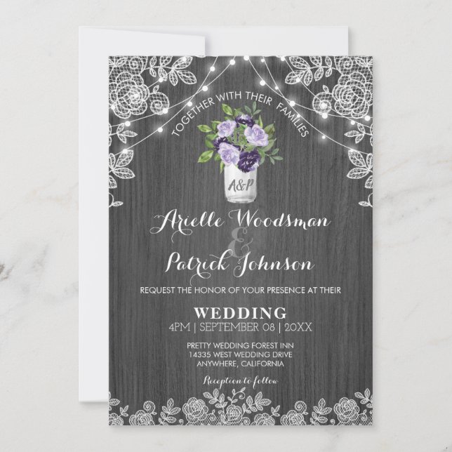 Invitation Rustique Mason Jar Purple Silver Grey FlorMariage (Devant)