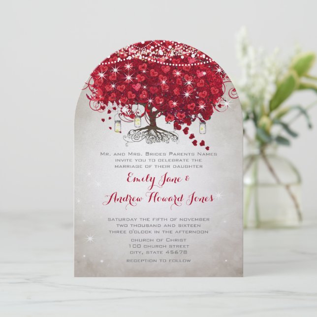 Invitation Rustique Mason Jar Red Tree Brown Mariage de tronc (Debout devant)