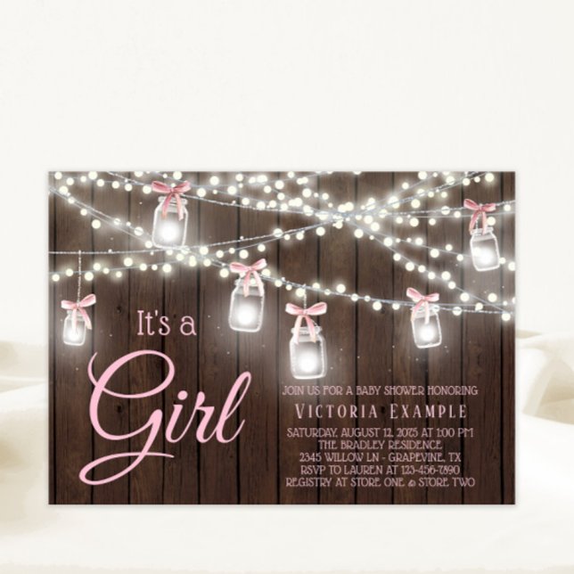 Invitation Rustique Mason Jar String Light Baby Girl Douche (Cute rustic string lights, jars and bows baby shower invitation. Simply add your event details.)