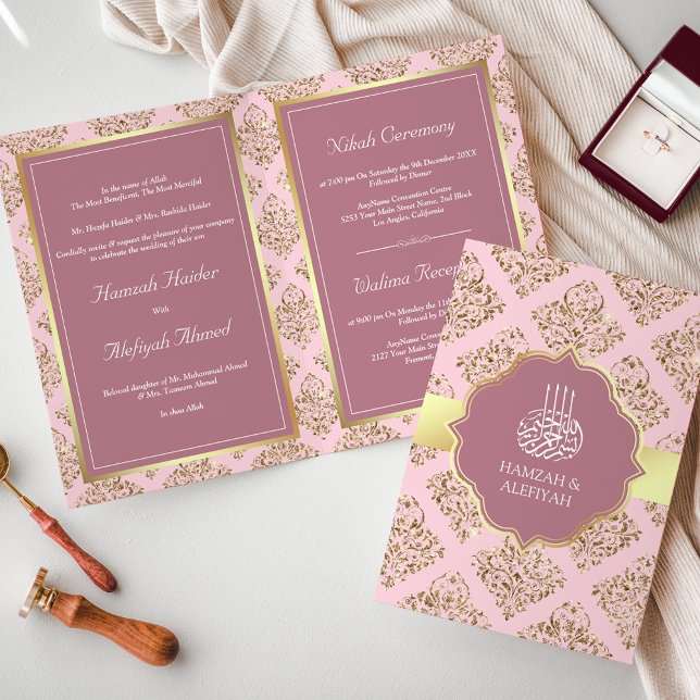Invitation Rustique Mauve rose or Damask Mariage musulman (Créateur téléchargé)