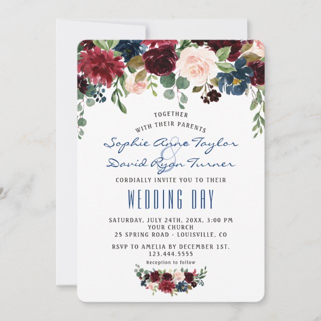 Invitation Rustique Merlot Marine bleu Blush Floral Mariage (Devant)