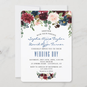Invitation Rustique Merlot Marine bleu Blush Floral Mariage
