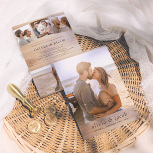 Invitation Rustique minimaliste Élégant bois & 5 Photos Maria