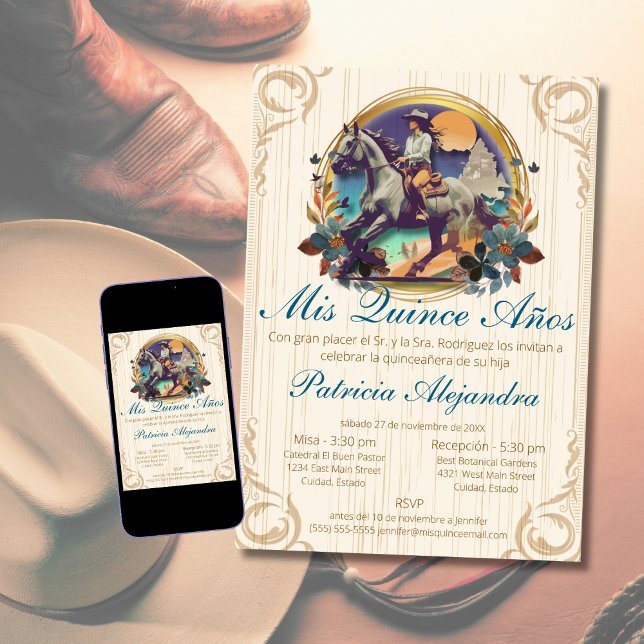 Invitation Rustique Mis Quince Espagnol Bleu Occidental de Qu (Créateur téléchargé)