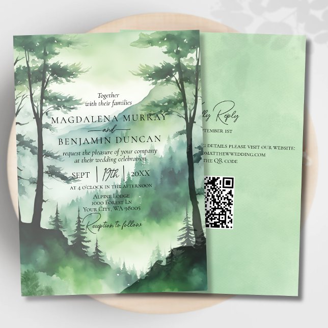 Invitation Rustique Misty Mountains Pine Trees QR Code Mariag (Créateur téléchargé)