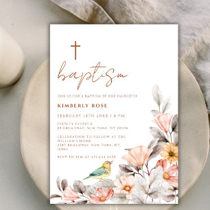 Invitation Rustique moderne Boho Fleur sauvage Croix Baptême