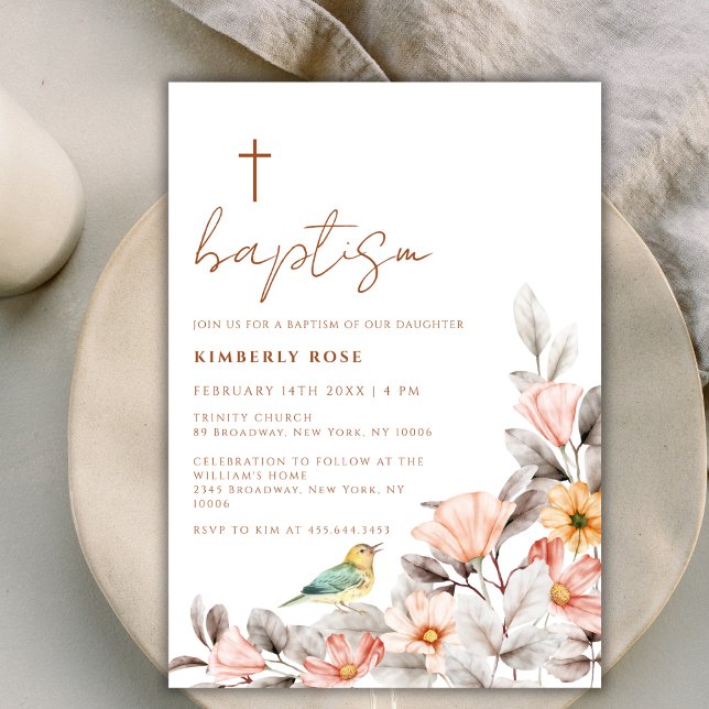 Invitation Rustique moderne Boho Fleur sauvage Croix Baptême (Rustic Modern Boho Wildflower Cross Baptism Invitation)