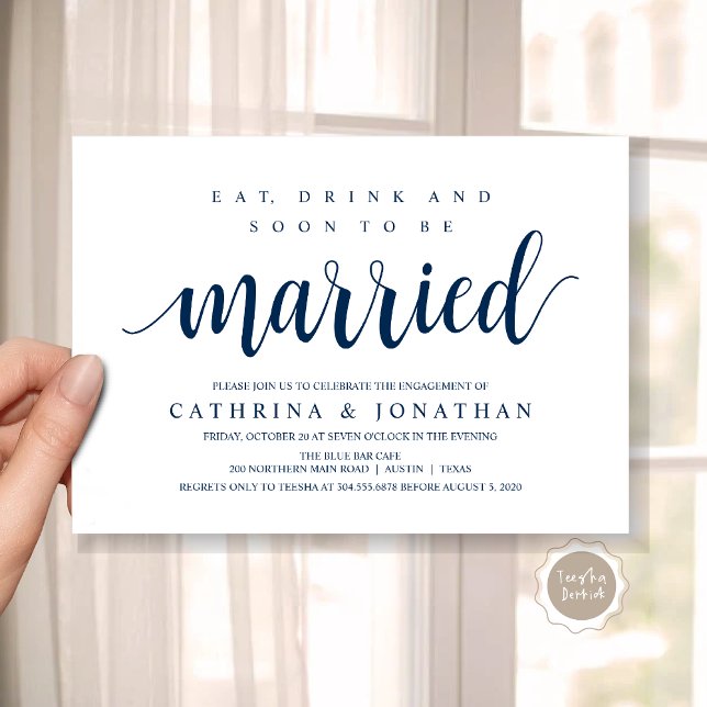 Invitation Rustique moderne, Fête de la partie d'engagement (Modern Wedding Engagement Party Invitation Card, Eat, Drink and Soon To Be Married, Navy Blue)