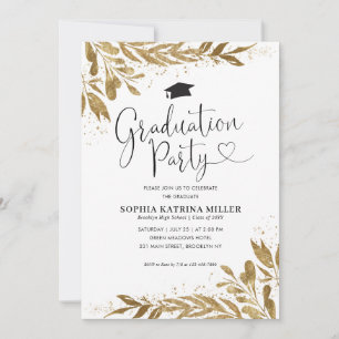 Invitation Rustique Moderne Gold Floral Sparkle Graduation