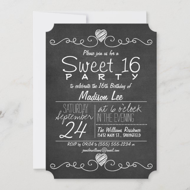 Invitation Rustique noir & blanc Chalkboard Sweet 16 Party (Devant)