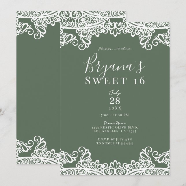 Invitation Rustique Olive & Blanc Dentelle Élégant Douce Fête (Devant / Derrière)