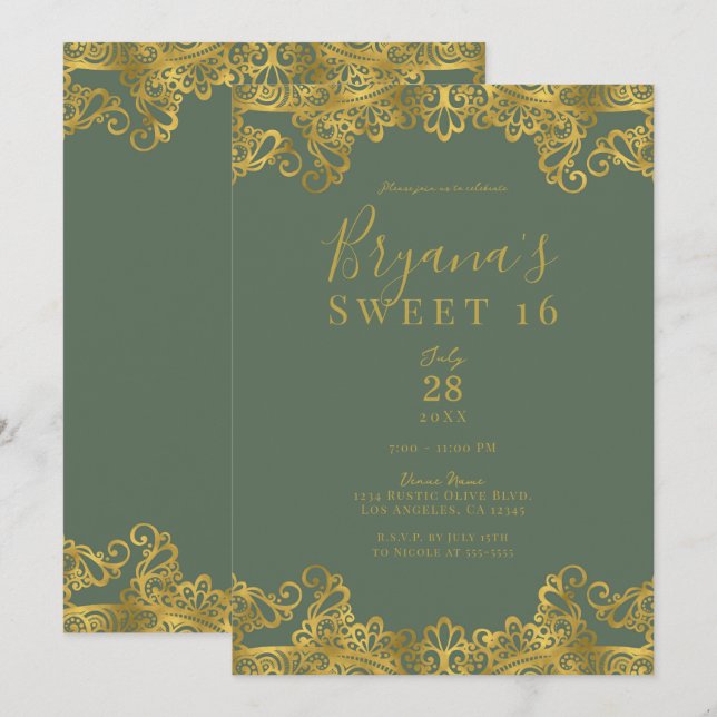 Invitation Rustique Olive et Or Broderie Anglaise Élégante Fê (Devant / Derrière)