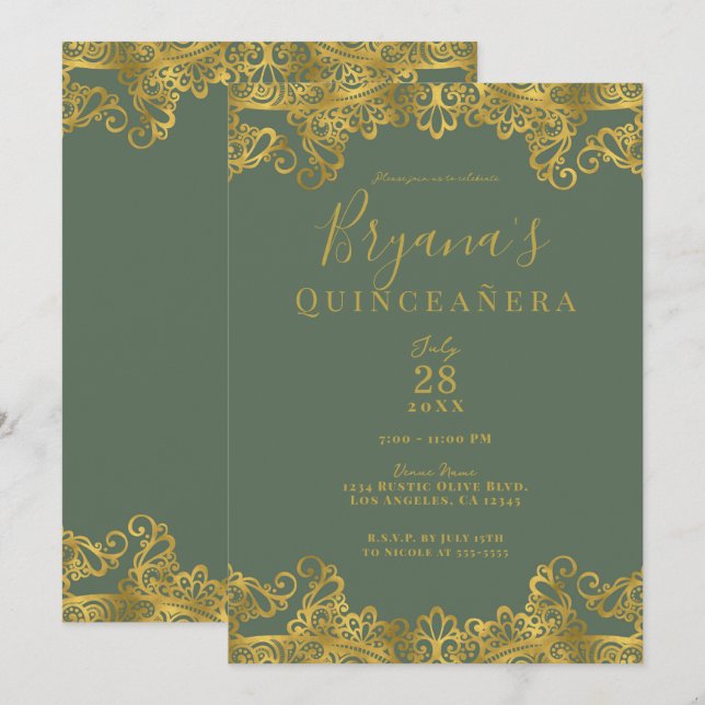 Invitation Rustique Olive et Or Dentelle Élégante Quinceañera (Devant / Derrière)