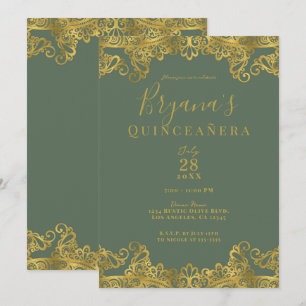 Invitation Rustique Olive et Or Dentelle Élégante Quinceañera