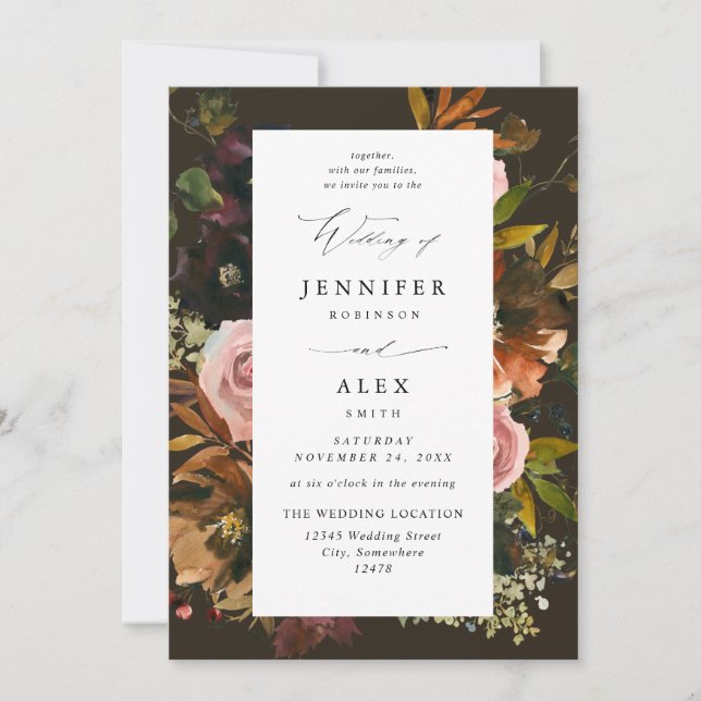 Invitation Rustique or, violet et rose floral 4 Brown Mariage (Devant)