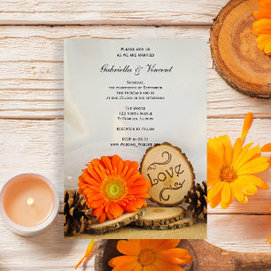 Invitation Rustique Orange Daisy Mariage de bois