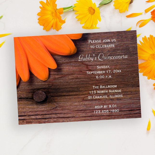 Invitation Rustique Orange Grange Bois Daisy Quinceanera Part (Créateur téléchargé)